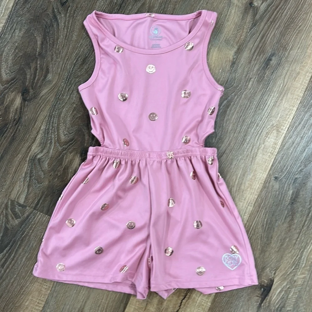 Body glove romper smiley face pink with gold smiles. Size 7 Sleeveless